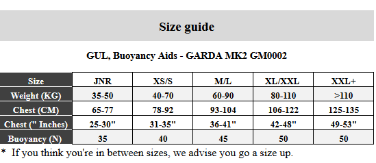 Gul Garda BA 19 Mens Size Chart